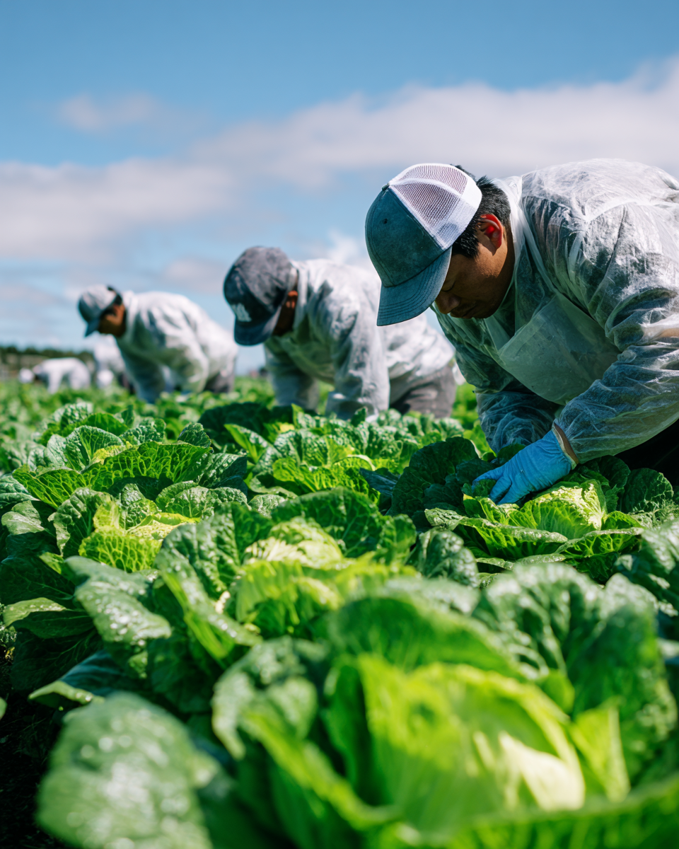 Farm workers harvesting fresh romaine lettuce in an open field near Montreal, representing the origin of Shapiro Canada’s fresh-cut produce.