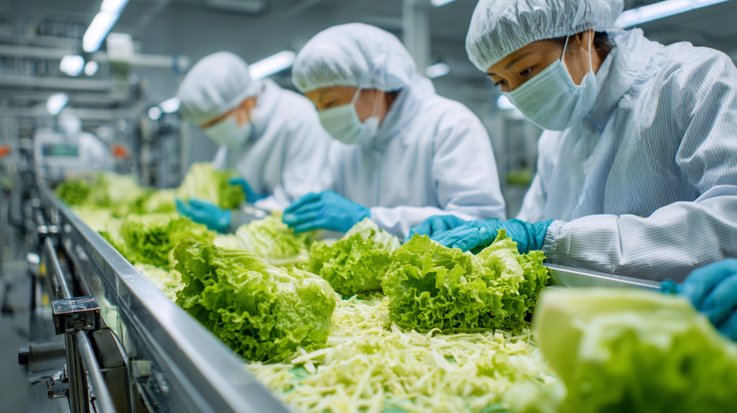 Workers inspecting fresh-cut lettuce and cabbage on a stainless steel conveyor line at Shapiro Canada’s Montreal facility.
