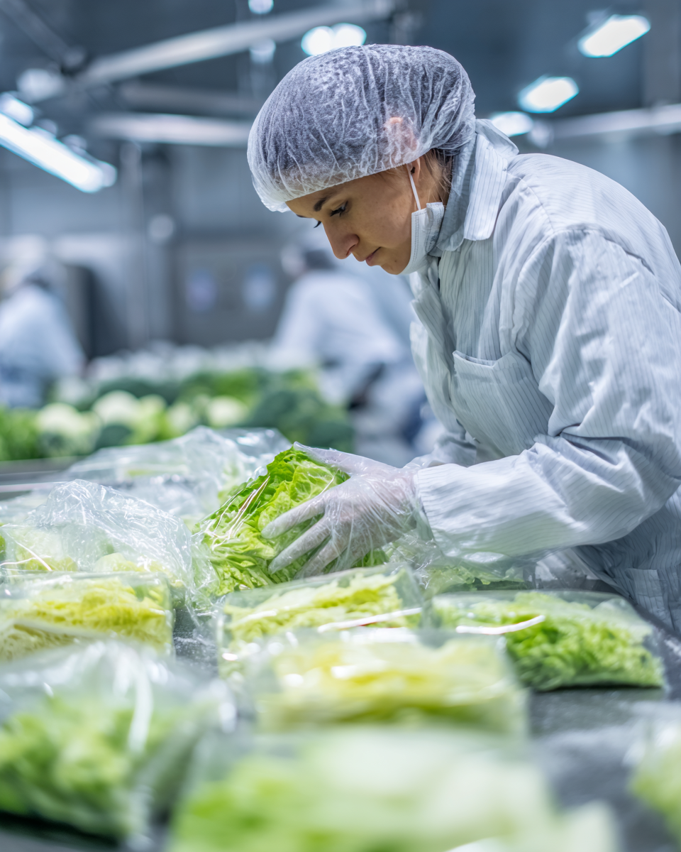 Technician inspecting and packaging fresh-cut lettuce inside Shapiro Canada’s HACCP-certified facility in Montreal.